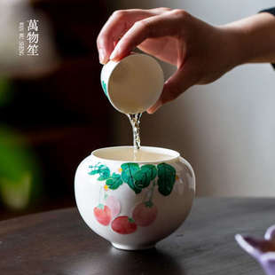 釉下手绘草莓建水茶洗水孟手工杯洗茶渣桶茶渣缸家用功夫茶具配件