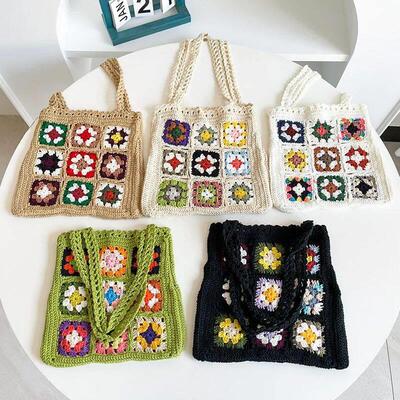 Women Boho Woven Tote Summer Beach Handbag Floral Handmade W