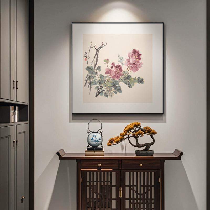 牡丹花入户过道玄关装饰画花鸟画餐厅挂画新中式水墨客厅装饰壁画