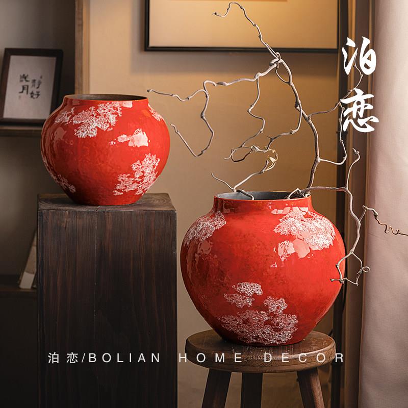景德镇新中式客厅插花干花水培养花国潮乔迁喜庆红色台面陶瓷花瓶
