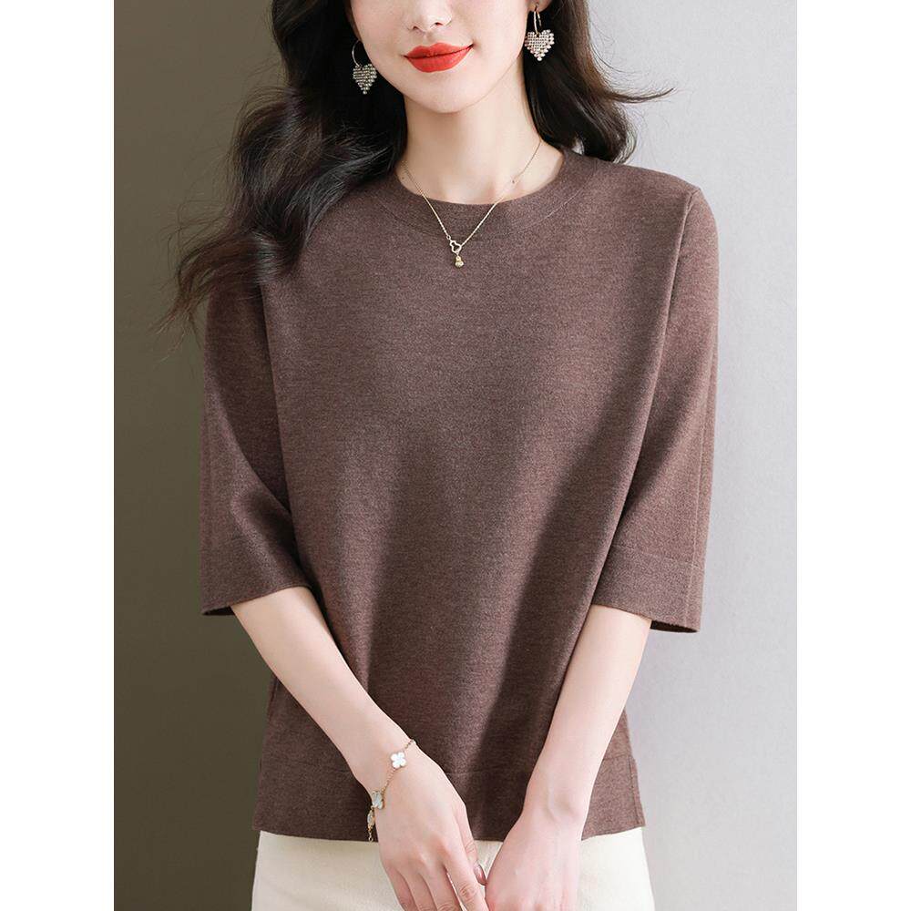 中年妈妈春秋季中袖t恤薄针织品女式短宽松大码西式半袖底针织品