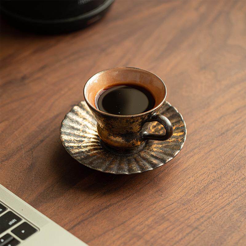 志野烧古寂风鎏金茶杯咖啡杯带把手底碟陶瓷两件套办公室下午茶