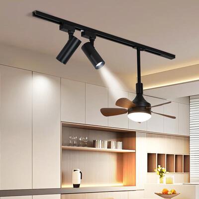 2025新款风扇餐厅吊灯中古风木纹色可移动轨道吧台岛台餐桌灯具