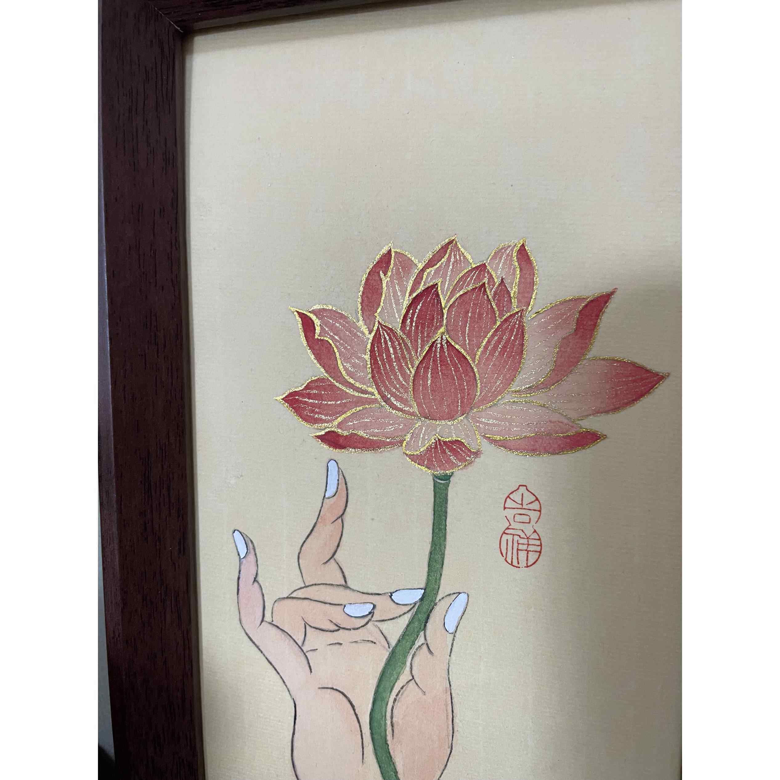 手绘国画佛手莲花荷花摆台 茶室书房中式装饰挂画