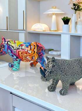 水转印犀牛摆件家居桌面客厅玄关酒柜动物装饰品树脂工艺手工