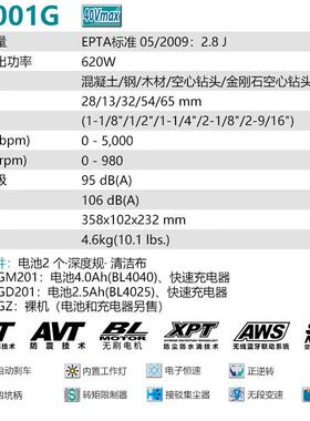 牧田（MAKITA）HR001G充电式四坑柄电锤冲击钻锤钻40V两电一充5.0