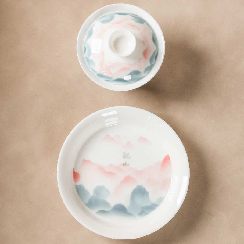 粉彩三才盖碗家用功夫茶具高端白瓷釉中彩防烫泡茶碗茶杯单个陶瓷