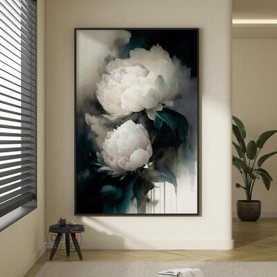 简约现代黑白灰客厅壁画抽象水墨牡丹花玄关挂画竖版设计师装饰画