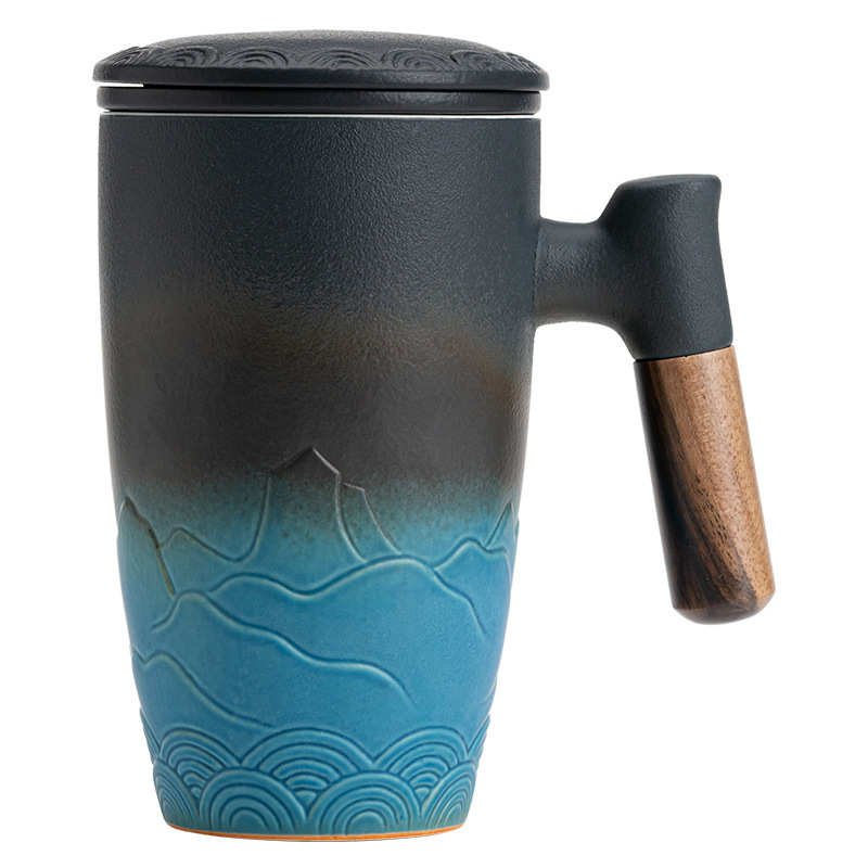 陶木柄水杯杯盖泡茶马克大容量尚喝带玥杯杯日式茶水办公分离瓷杯