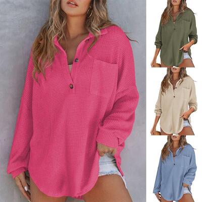 Women'S Oversized Henley Waffle Shirts Tops Button V Neck