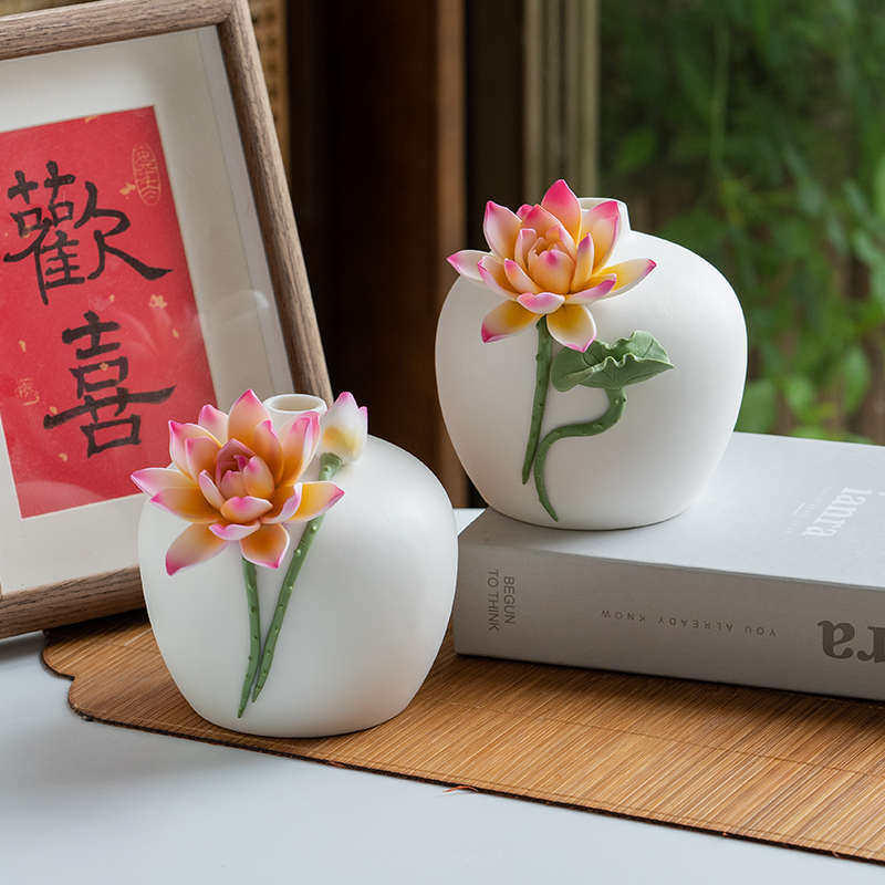 陶瓷荷花球瓶中式禅意手工莲花瓶客厅插花轻奢餐桌酒柜装饰品摆件,家居饰品,花瓶,淘宝优惠券,粉丝福利购,淘宝优惠卷