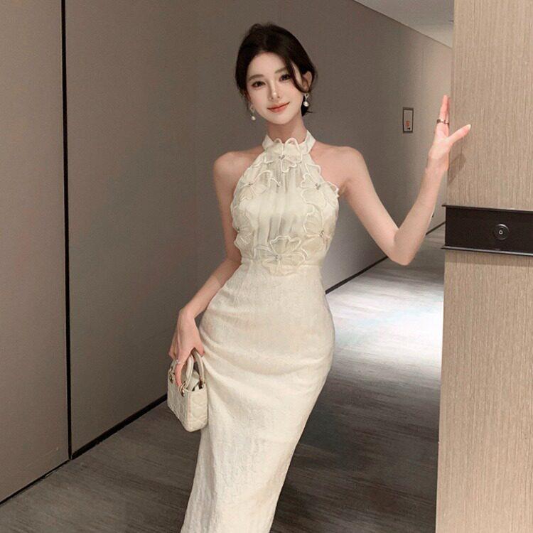 夏季法式小众花朵拼接挂颈露肩洋装女修身无袖气质聚会礼服长裙