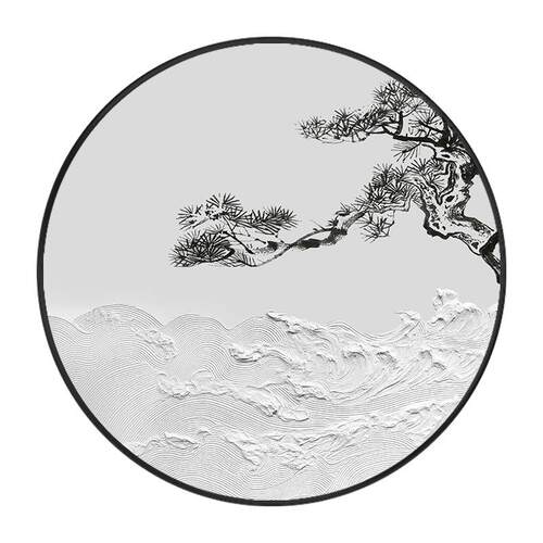 新中式客厅装饰画圆形led灯玄关走廊挂画迎客松油画立体浮雕海浪