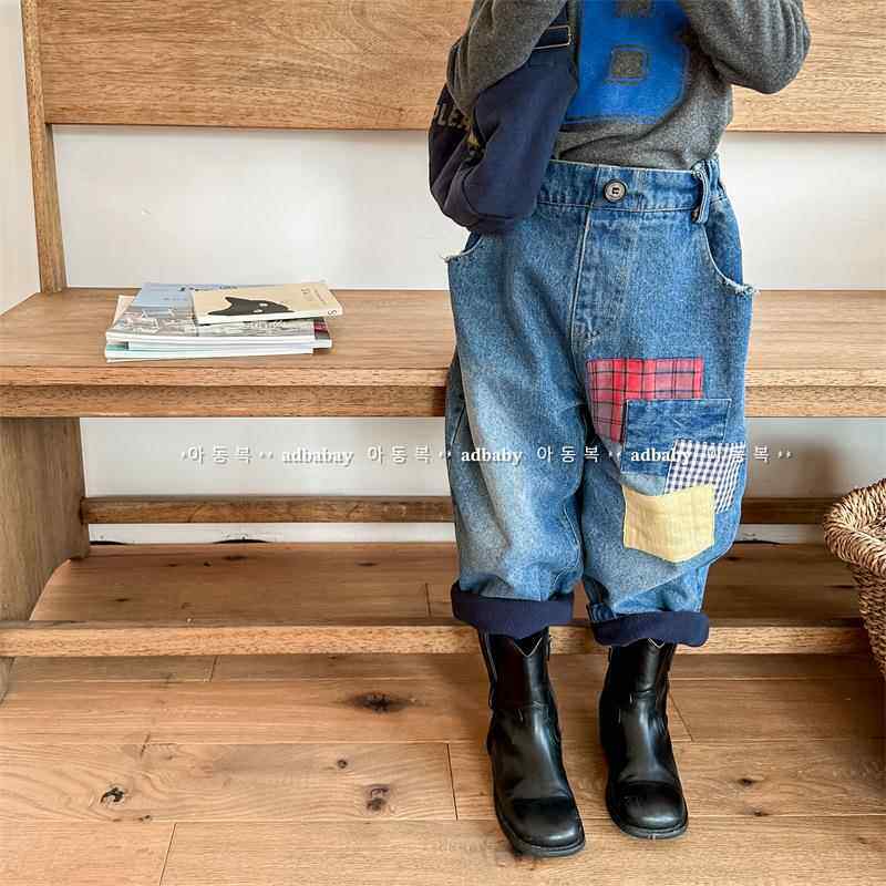 2025秋冬款童装儿童韩版加绒补丁牛仔长裤男女童裤哈伦裤子123596