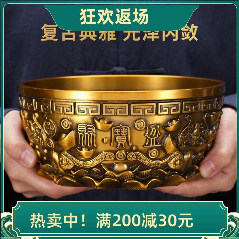 黄铜聚宝盆摆件客厅装饰水晶元宝大号招财进宝铜缸开 业乔迁送礼