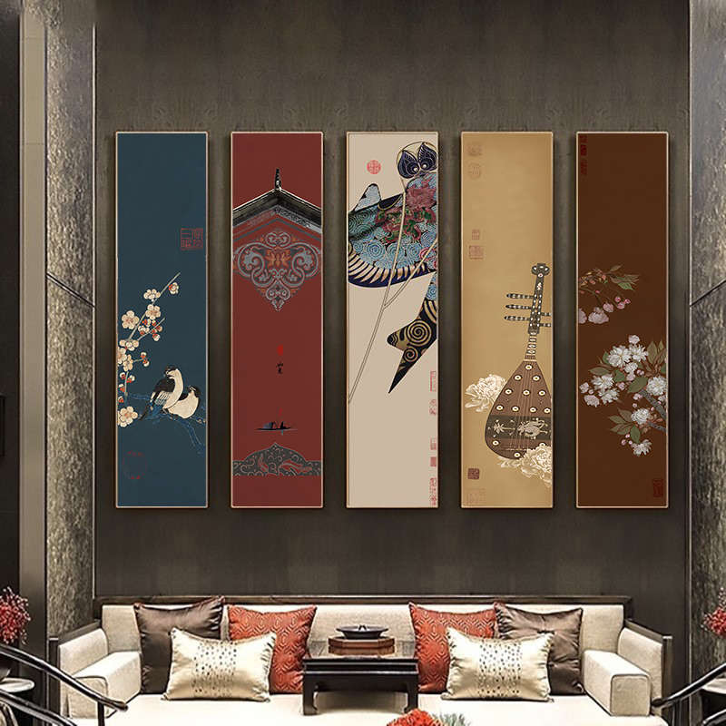 新中式大气客厅装饰画轻奢中国风沙发背景墙面挂画竖版细长条壁画