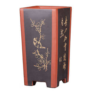 绘花盆红泥文竹兰植刻园艺悬崖老庄签筒古绿紫砂桌面花盆精品