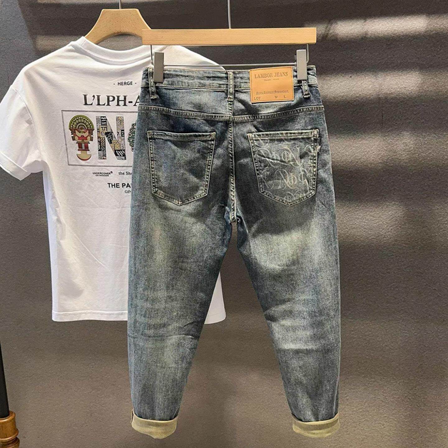 香港潮牌时尚印花九分牛仔裤男春夏新款修身小脚复古痞帅休闲裤子