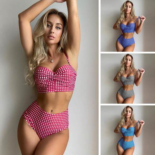Women's plaid split high waisted bikini swimsuit
