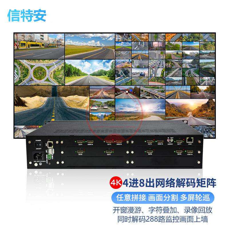 H265网络数字解码矩阵处理器4进8出高清视频监控解码服务器主机4K