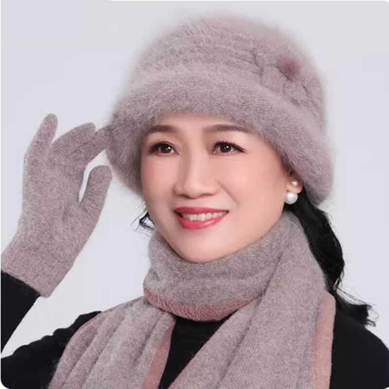 中老年人妈妈兔毛保暖帽秋冬季老奶奶帽子女婆婆老人棉帽冬天围巾
