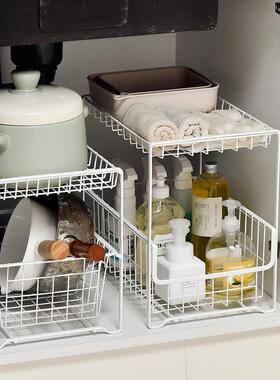 厨房橱下槽洗手池抽拉式分层水置隔物柜架双层抽屉分整理收UBU纳