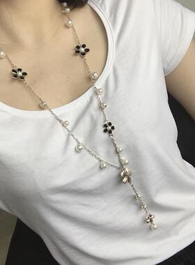 韩国小花毛衣长款珍珠流苏项链