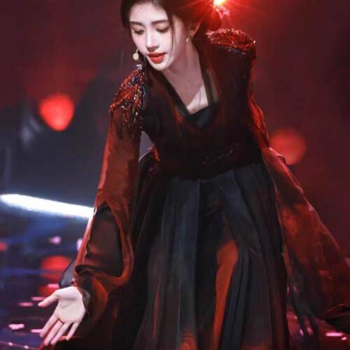 古典舞蹈服鞠婧祎落同款仙气黑莲花中国舞黑红大摆裙飘逸演出服