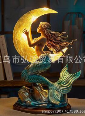 跨境创意小夜灯月亮女神小鸟复古雕像家居桌面场景氛围装饰
