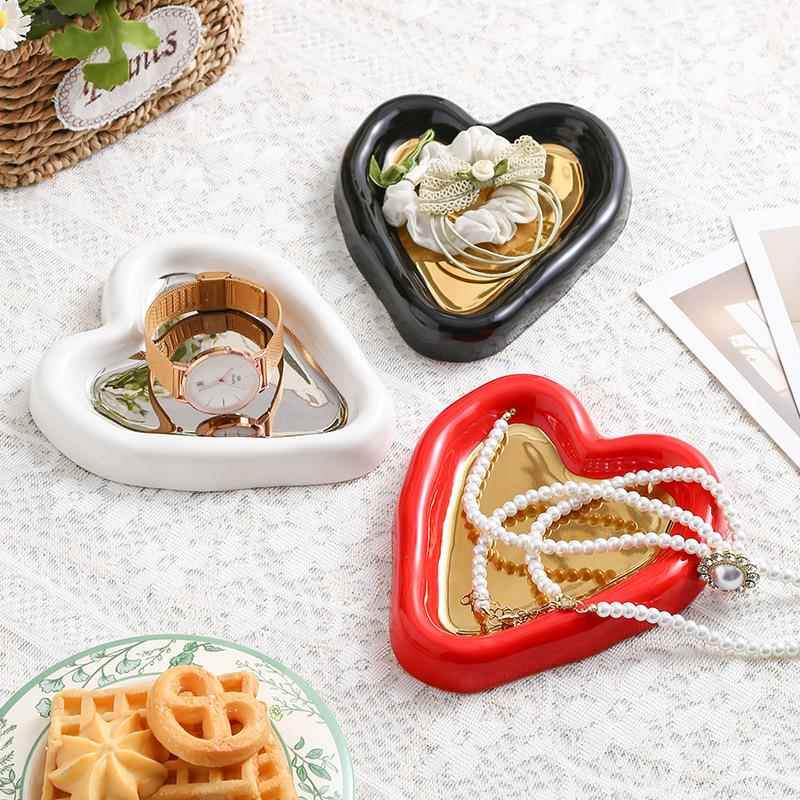 创意个性爱心心形陶瓷电镀盘子家居办公室首饰店实用收纳盘首饰盘