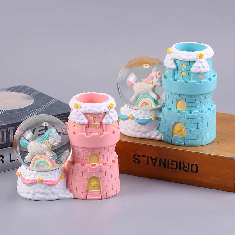 创意发光城堡独角兽玻璃水晶球笔筒摆件学生文具女孩儿童生日礼物