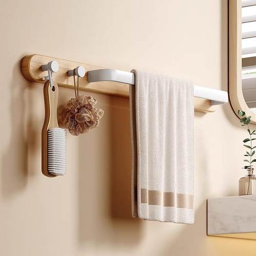 奶油风毛巾架免打孔卫生间浴室洗手间实木浴巾置物收纳架子单挂杆