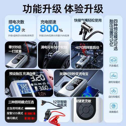 车载充气泵动电动打气泵汽应急启电车725源电瓶紧急搭电宝打火强