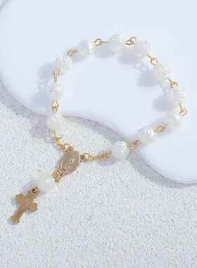 漂亮独特手链女款2026新款天使洗礼手饰礼物玫瑰花珍珠十字吊坠派