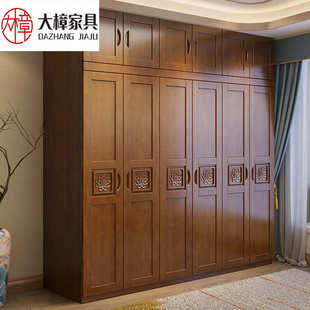 现代风格 中小户型中式 原木衣橱三四五六门卧室家用储物柜实木衣柜