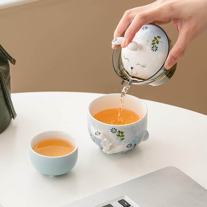 长耳兔手绘陶瓷快客杯一壶二杯便携式旅行茶具户外露营泡茶壶茶杯