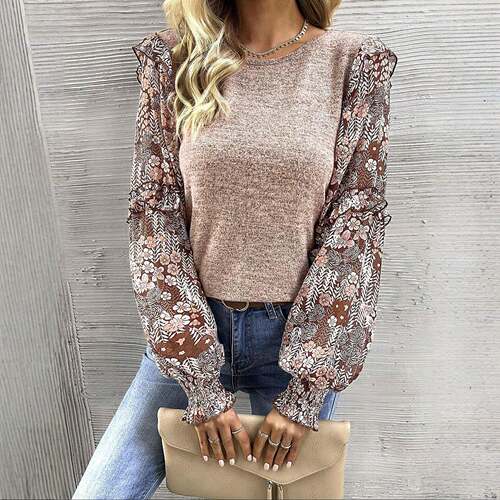 Womens Round Neck Lantern Sleeve Floral Print Patchwork