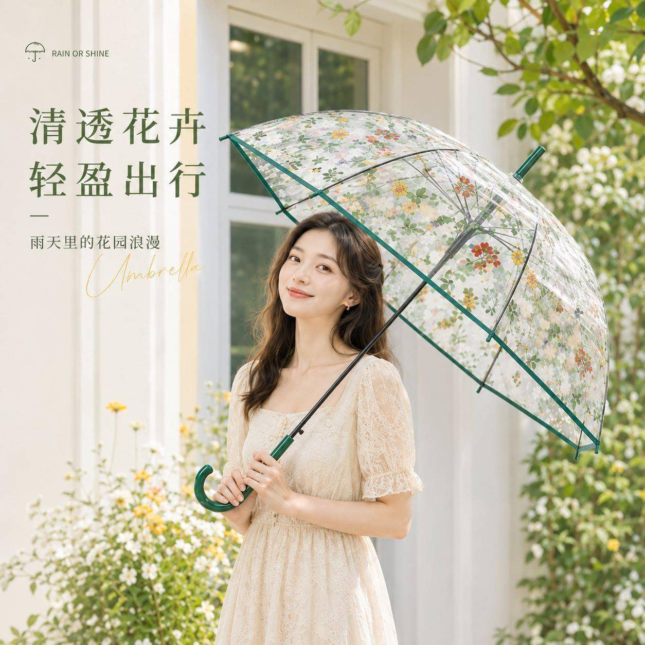 透明伞女碎花朵纤细弯柄伞长柄伞半自动直杆伞弯柄大伞面雨伞
