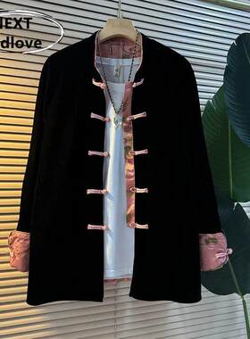 香港胖妹妹早春拼色丝绒盘扣国风外套大码女装新中式洋气唐装上衣