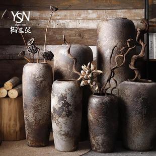 9QXC复古陶瓷花瓶客厅插花摆件大号落地陶罐粗陶干花装 饰现代土陶