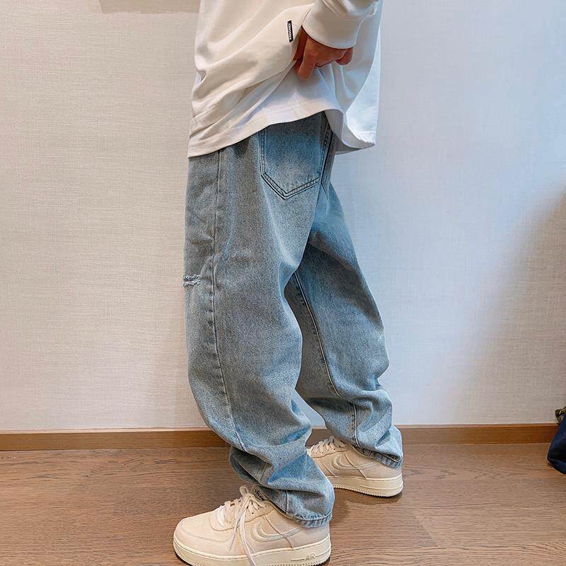 dannyandzee秋季潮牌高街复古浅蓝色水洗磨破做旧直筒牛仔裤子男