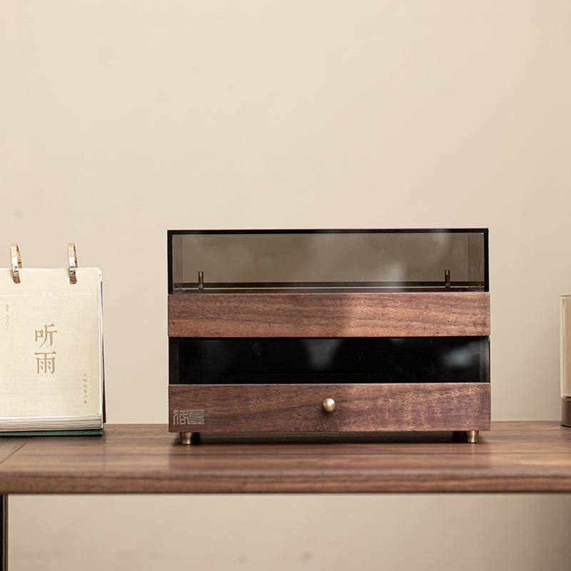 胡桃木茶饼盒实木收纳柜抽屉式普洱茶收纳盒防尘高档家用首饰收纳