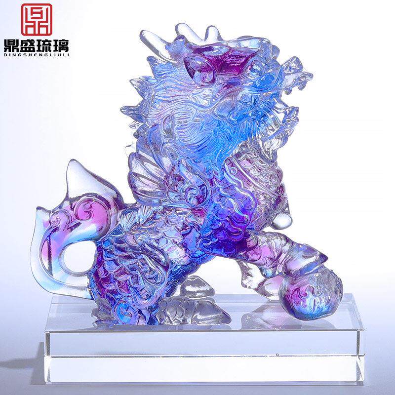 手工琉璃麒麟送子招财镇宅摆件一对卧室床头柜水晶办公室桌面装饰