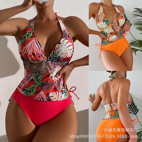 Swimsuit women's split triangle lace up leaf print bikini