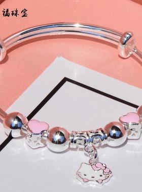 高档孩手镯女童儿童纯银手镯男女款学生足银999镯卡银小通实心子