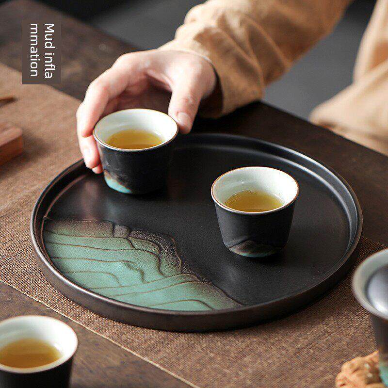 窑变苍山茶盘陶瓷黑陶干泡盘茶台圆形中式茶具茶海茶壶托壶承托盘