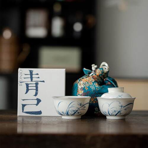 青己 旅行茶具一盖碗一杯 青花手绘一人饮便携陶瓷茶具兰花快客杯
