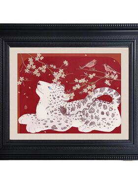 法式中古风沙发背景墙挂画样板间工装客厅卧室小众文艺雪豹装饰画