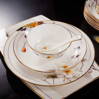 景德镇陶瓷餐具碗碟套装高档中式轻奢骨瓷60头家用盘子碗礼品LOGO