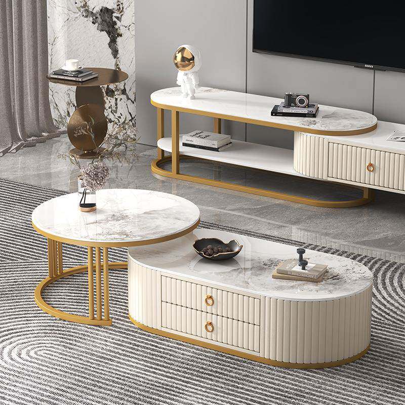 意式茶几现代小户型客厅家用轻奢电视柜组合圆形可伸缩岩板茶台桌